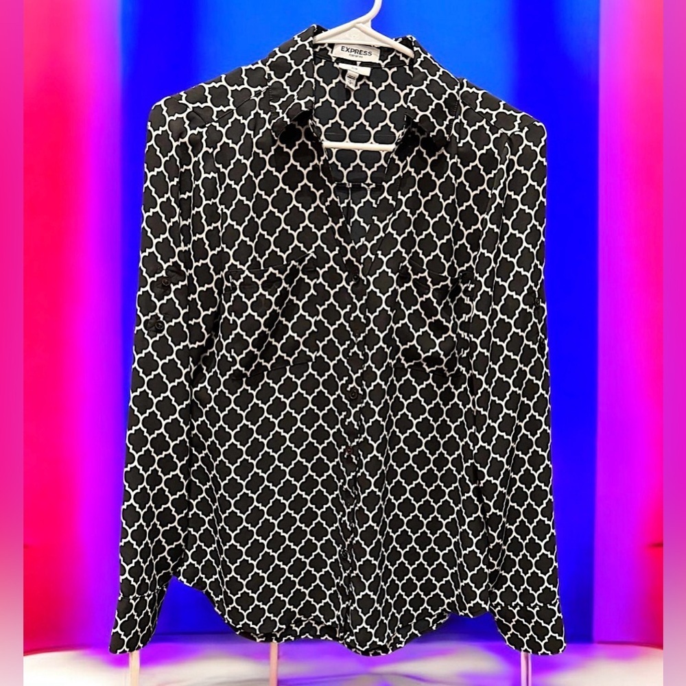 Express Black and White Patterned Button Down Shirt SMALL
